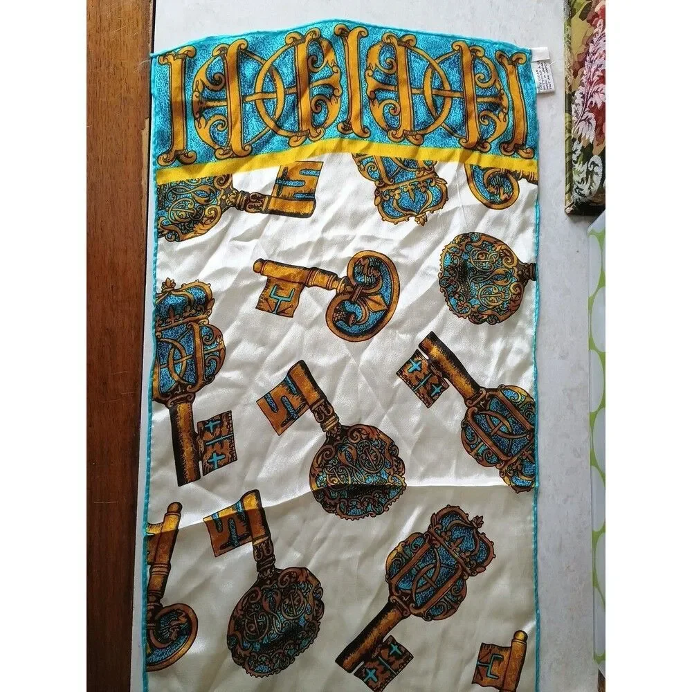 Anne Klein for Vera Co. Scarf Blue Brown Keys Silk Rectangle 51x11 Japan